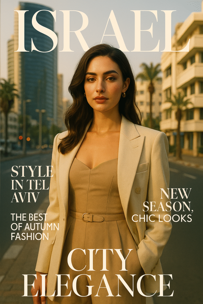 a luxurious fashion magazine cover designed in the style of israel, blending iconic landmarks of tel-aviv, and local fashion aesthetics. The layout mimics high-end editorial design, with headlines inspired in English, trends, and lifestyle. Sophisticated, cinematic lighting, vertical 9:16 format, ultra-detailed, Vogue-level elegance